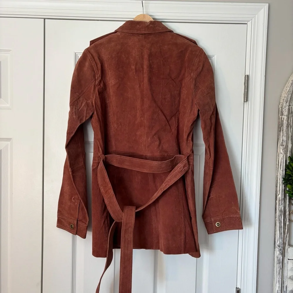 Vintage Genuine Suede Leather Belted Coat Western Cowboy Rodeo Biker Grunge Boho - Picture 5 of 11